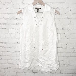 Ellen Tracy Lace Up Collared Sleeveless Tencel Tank Top White Size Medium NWT